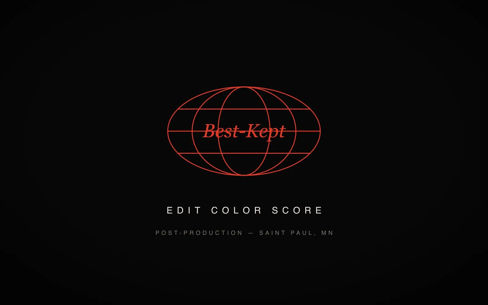 Best-Kept Studio — black interface with a red wireframe globe mark and the words Edit, Color, Score.